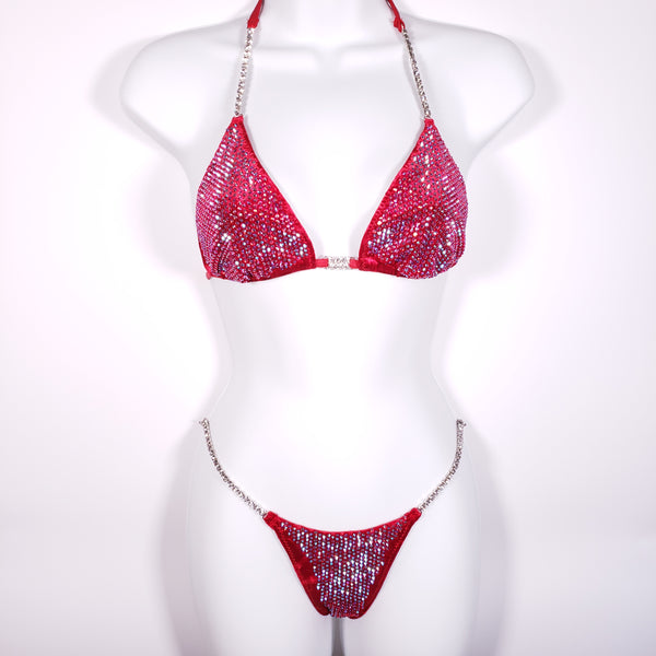 Red AB Diamond Velvet Competition Bikini