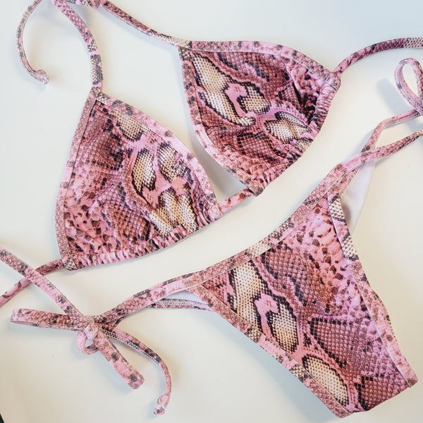 snakeskin, posing suit, pink bikini, swimwear, tie sides straps