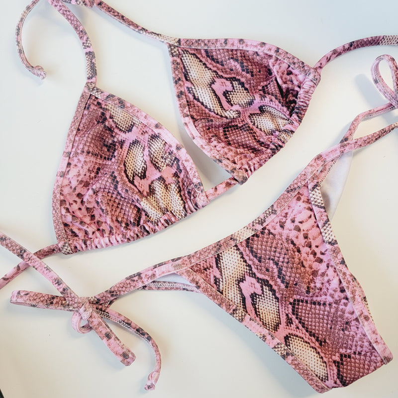 snakeskin, posing suit, pink bikini, swimwear, tie sides straps
